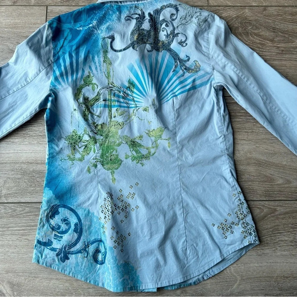 Indigo Palms Paisley Embroidered  Novelty Bohemian Button Down Shirt - Picture 14 of 16